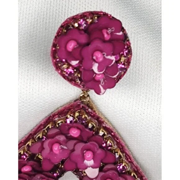 Deepa Gurnani Antropologie Earrings Sequin Beaded Floral Dangle Teardrop Fuschia - Picture 3 of 11